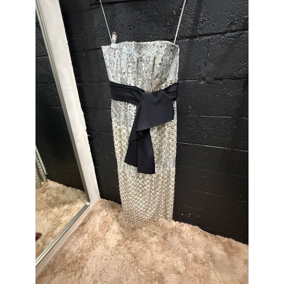 Carolina Herrera Sequin Beaded Strapless Tie-Waist Sheath Dress In Silver Silk - Picture 2 of 4